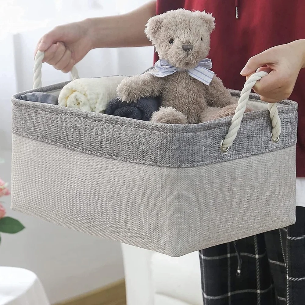 NEW! Large Canvas Storage Bin Foldable Fabric Basket with Handles Durable Gray